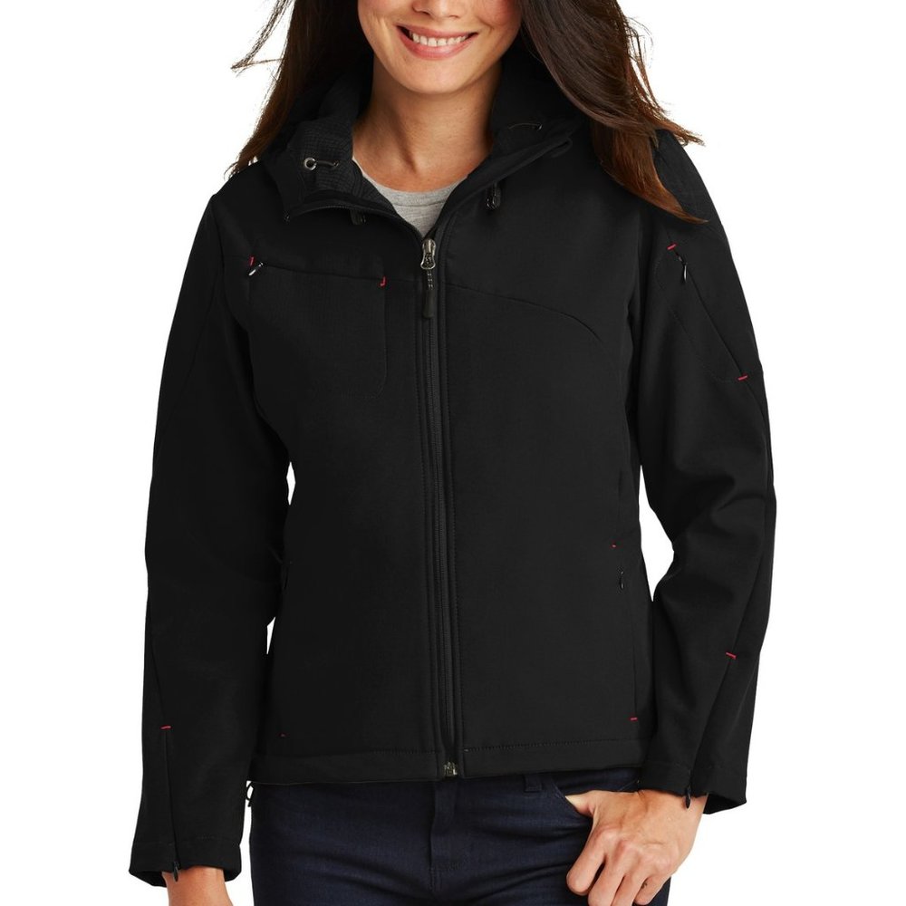 PortAuthority Women's Black/Engine Red Textured Hooded Soft Shell Jacket Size XS